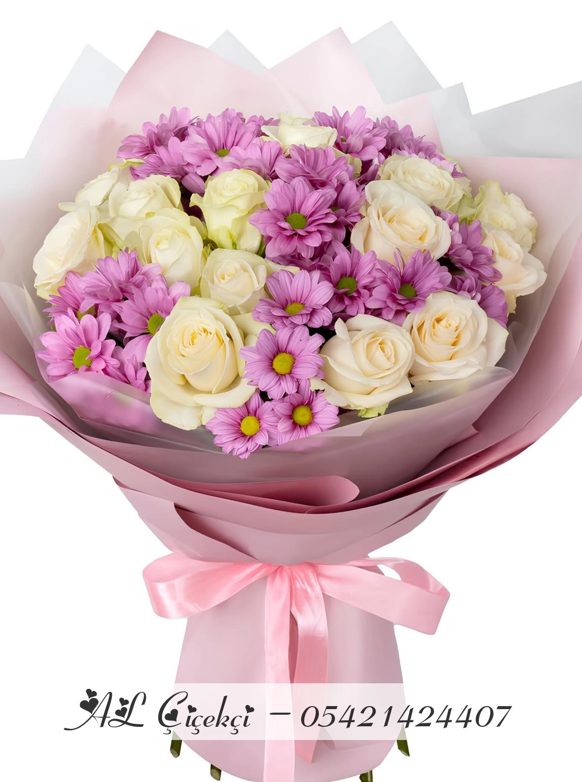 21 Beyaz Gül Ve Mor Papatya Buketi