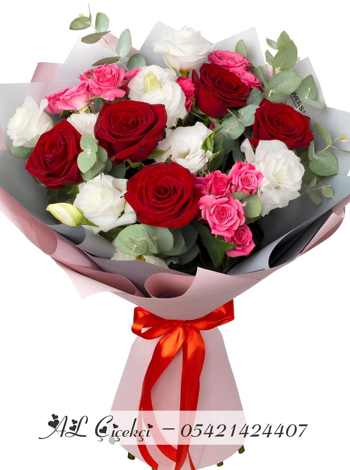 5 Kırmızı Ve Beyaz 3 Pembe Gül Buketi