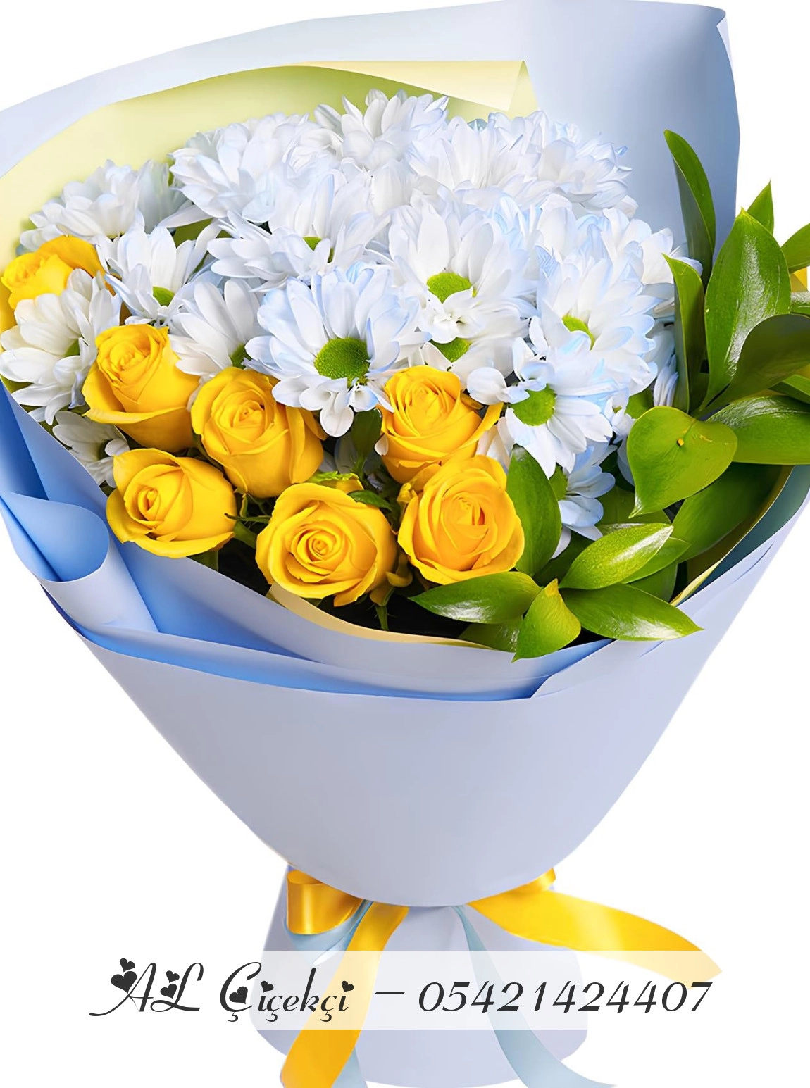 7 Sarı Gül Ve Papatya Buketi