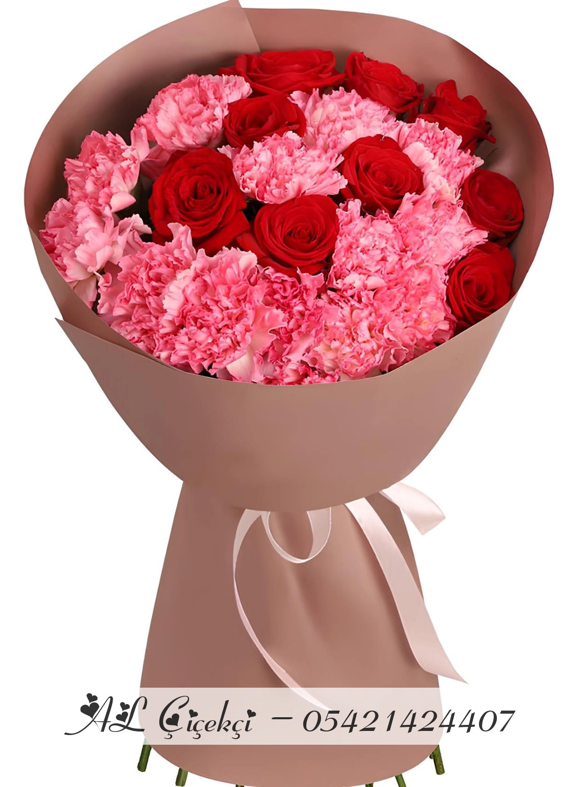 9 Gül Ve 12 Pembe Karanfil Buketi