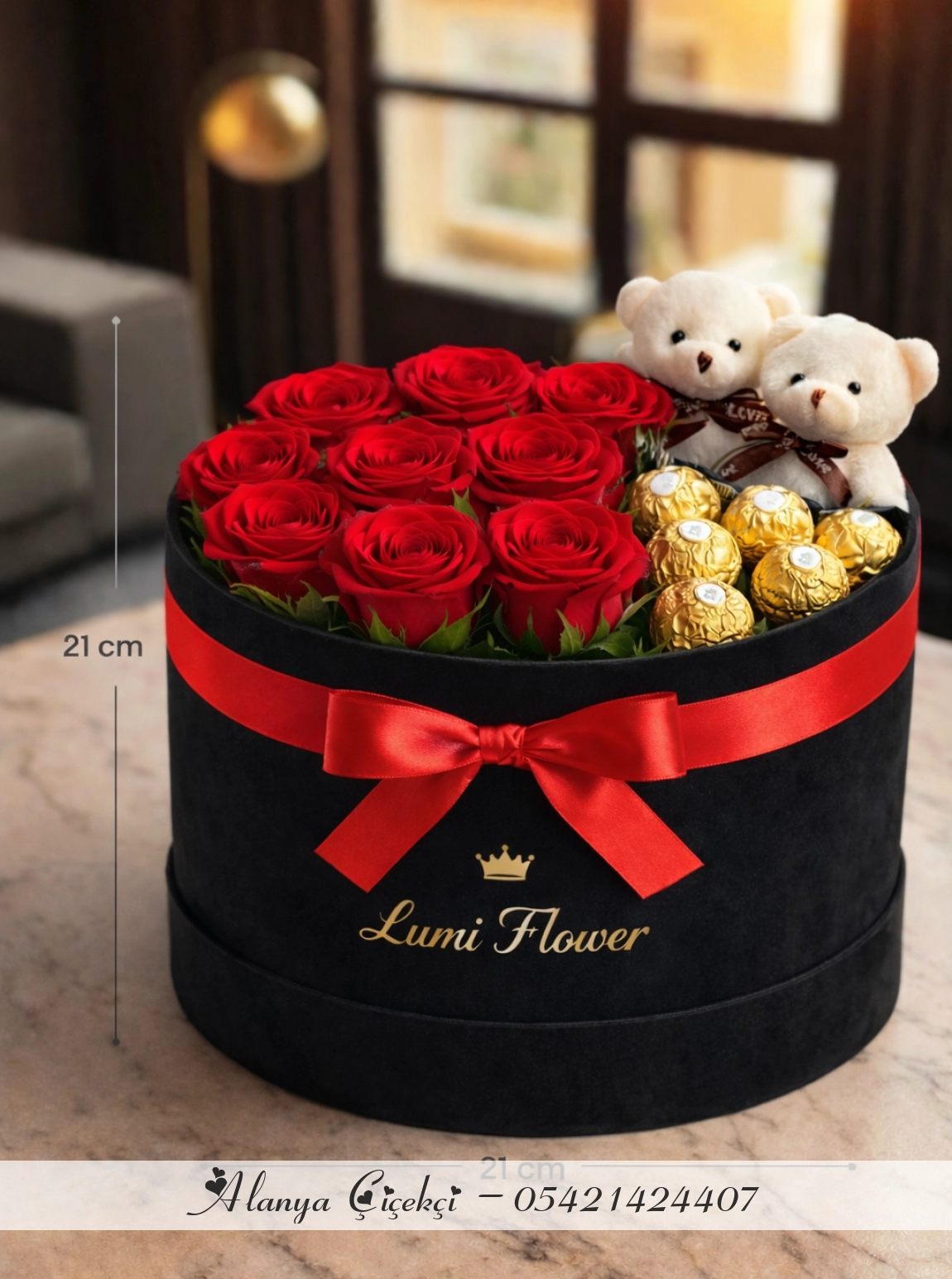 Alanya 9 Kırmızı Gül Kadife Silindir Kutu