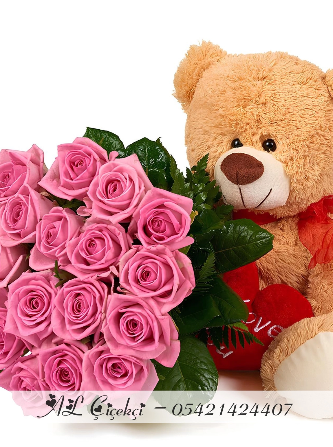 Ayıcıklı Pembe Gül Buketi