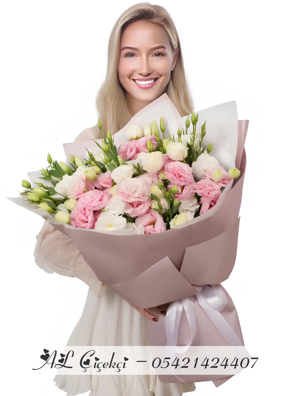 Beyaz  Ve Pembe Lisyantus Eustoma Buket