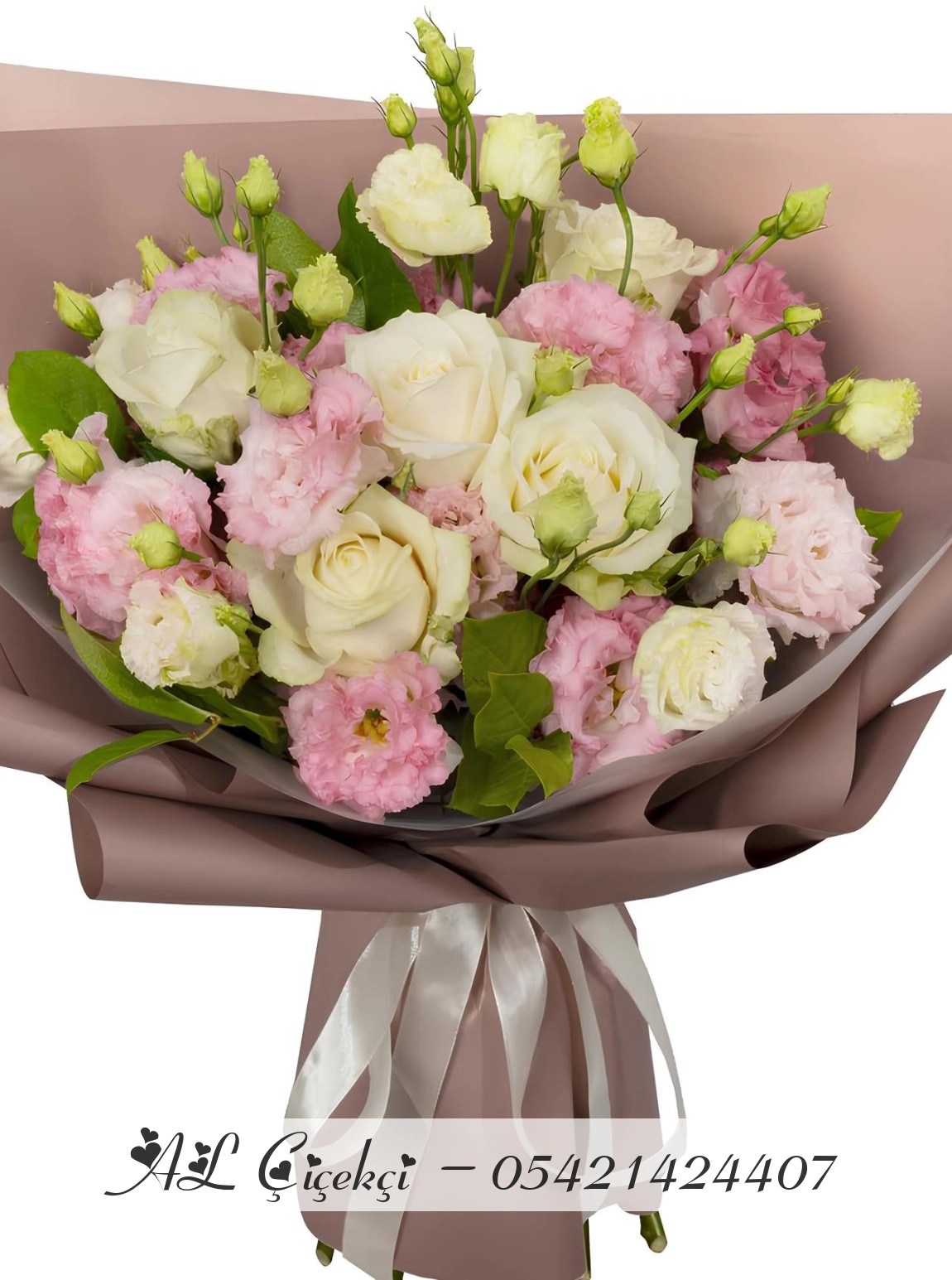 Pembe Eustoma Ve Beyaz Gül Buketi