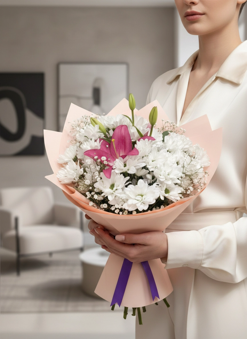 Lilyum Ve Beyaz Papatya Buketi