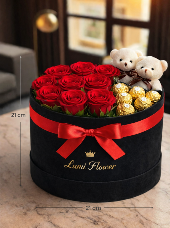 Alanya 9 Kırmızı Gül Kadife Silindir Kutu