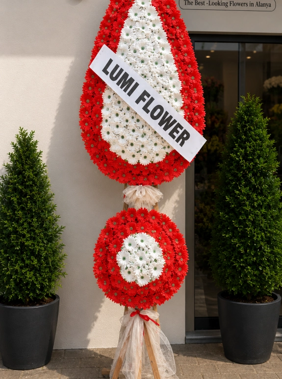 Kırmızı Beyaz Yapay Gerbera Düğün Çelengi