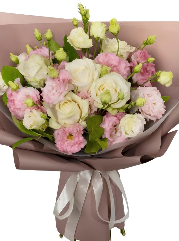 Pembe Eustoma Ve Beyaz Gül Buketi