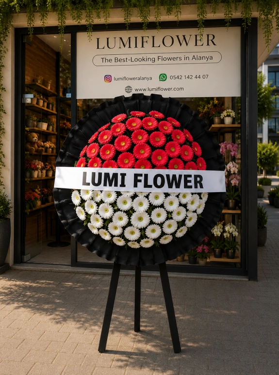 Red and White Funeral Wreath with Black Background